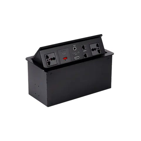 Hydraulic Cable Cubby with 2 Power Sockets, USB-A, USB-C, Dual RJ45, HDMI and Audio, 2 POWER SOCKETS / 1 USB-A / 1 USB-C / 2 RJ45 / 1 HDMI / 1 3.5 MM AUDIO; Black; CC513 product image