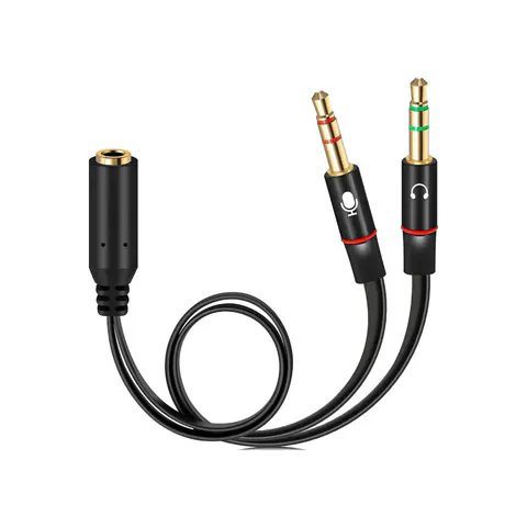 3.5 mm Headset Audio and Microphone Splitter Cable, 3.5MM FEMALE HEADSET JACK; 2X 3.5MM MALE PLUGS (AUDIO AND MICROPHONE); Black; 0.2 M; CBL 003 product image
