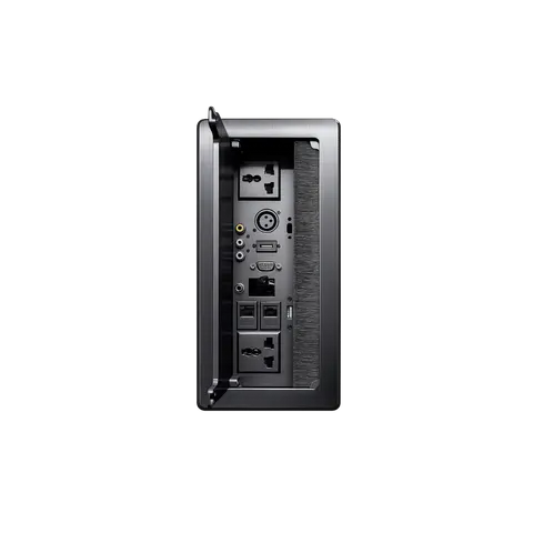 Brush Flap Cable Cubby with Power, AV and Data Modules, 2 POWER / 2 RJ 45 / 1 HDMI / 1 USB / 1 VGA / 1 AUDIO / 1XLR FEMALE / 1TYPE C / 3 RCA SOCKET; Silver; 30 CM; CC 506 product image