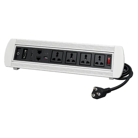 Motorized Conference Table Cable Cubby with Power, USB, AV and Data, 3 POWER / ON OFF SWITCH / 1 USB / 1 TYPE C / 2 RJ45 / 1 HDMI / 1 VGA / 1 AUDIO; Silver; 1.5 MTR; CCM 02 product image