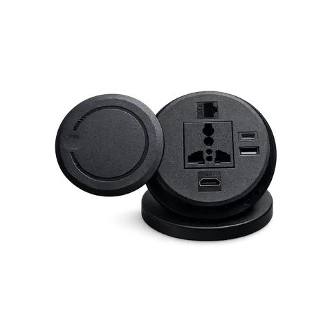 Round Plastic Desk Cable Cubby with Power, HDMI, RJ45, USB-A and USB-C, 1 POWER / 1 RG 45 / 1 HDMI / 1 USB / 1 TYPE C; Black; 10 CM WIRE; RCC 01 product image