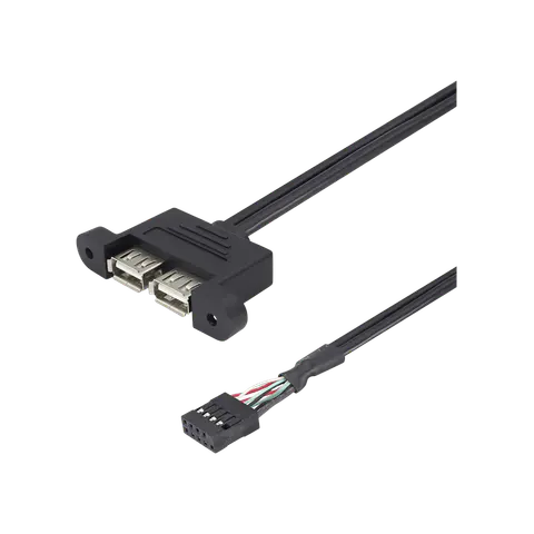 USB 2.0 9-Pin Header to Dual USB-A Female Panel-Mount Cable, 9-PIN INTERNAL USB 2.0 MOTHERBOARD HEADER; 2X USB-A FEMALE; Black; 0.3 M; CBL 004 product image