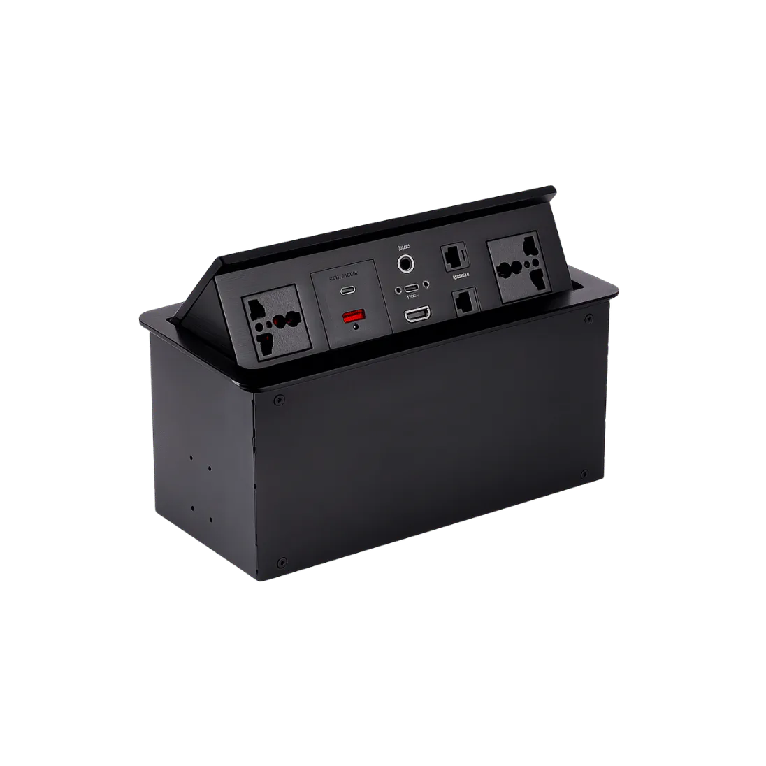 Hydraulic Cable Cubby with 2 Power Sockets, USB-A, USB-C, Dual RJ45, HDMI and Audio product image